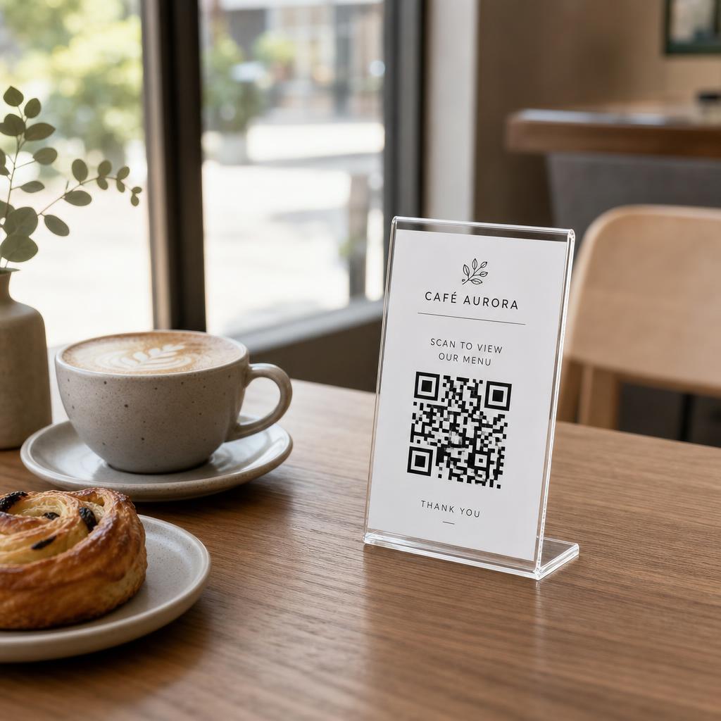 QR code stand on a café table
